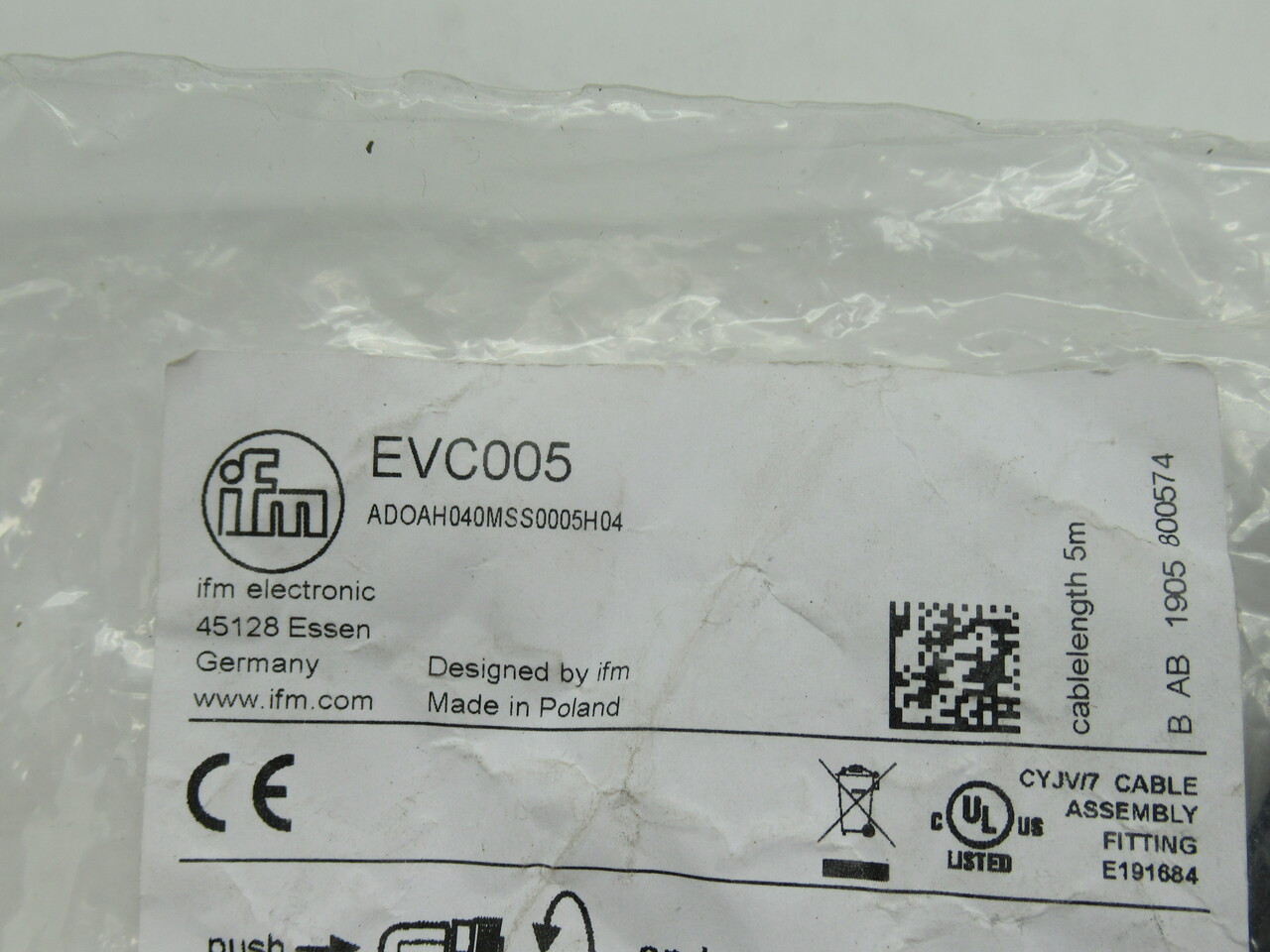 IFM EVC005 Female Cordset M12 Angled Socket 5m Length NWB