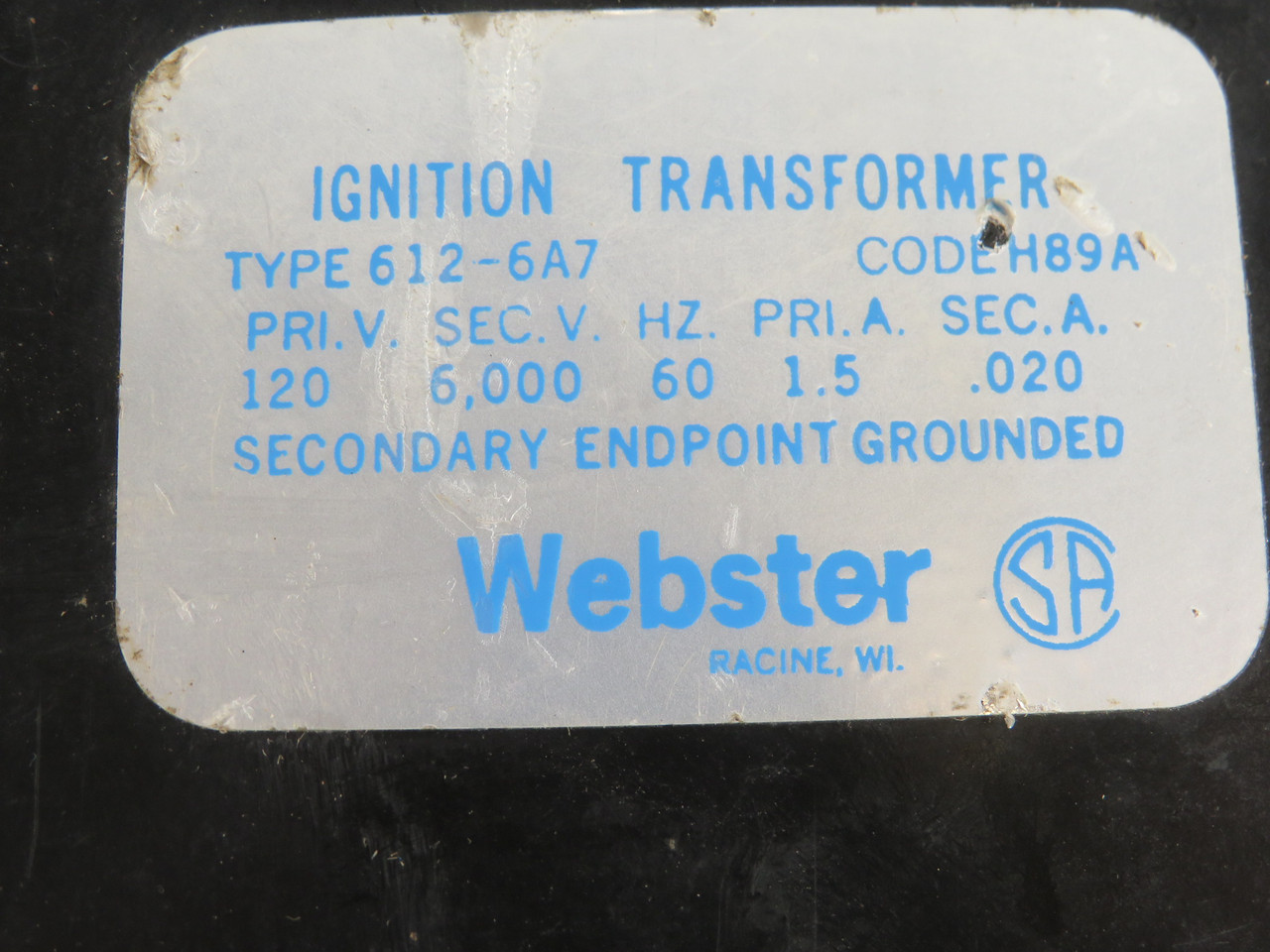 Webster 612-6A7 Ignition Transformer Pri 120V 1.5A Sec 6000V 0.020A 60Hz USED