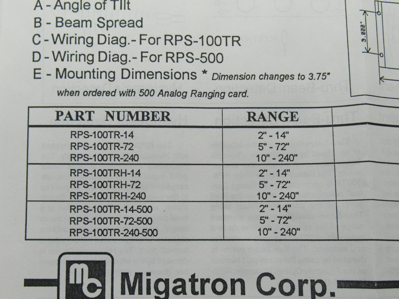 Migatron RPS-100TR-14 Ultrasonic Sensor w/o LED 2-14" Range SHELF WEAR NEW