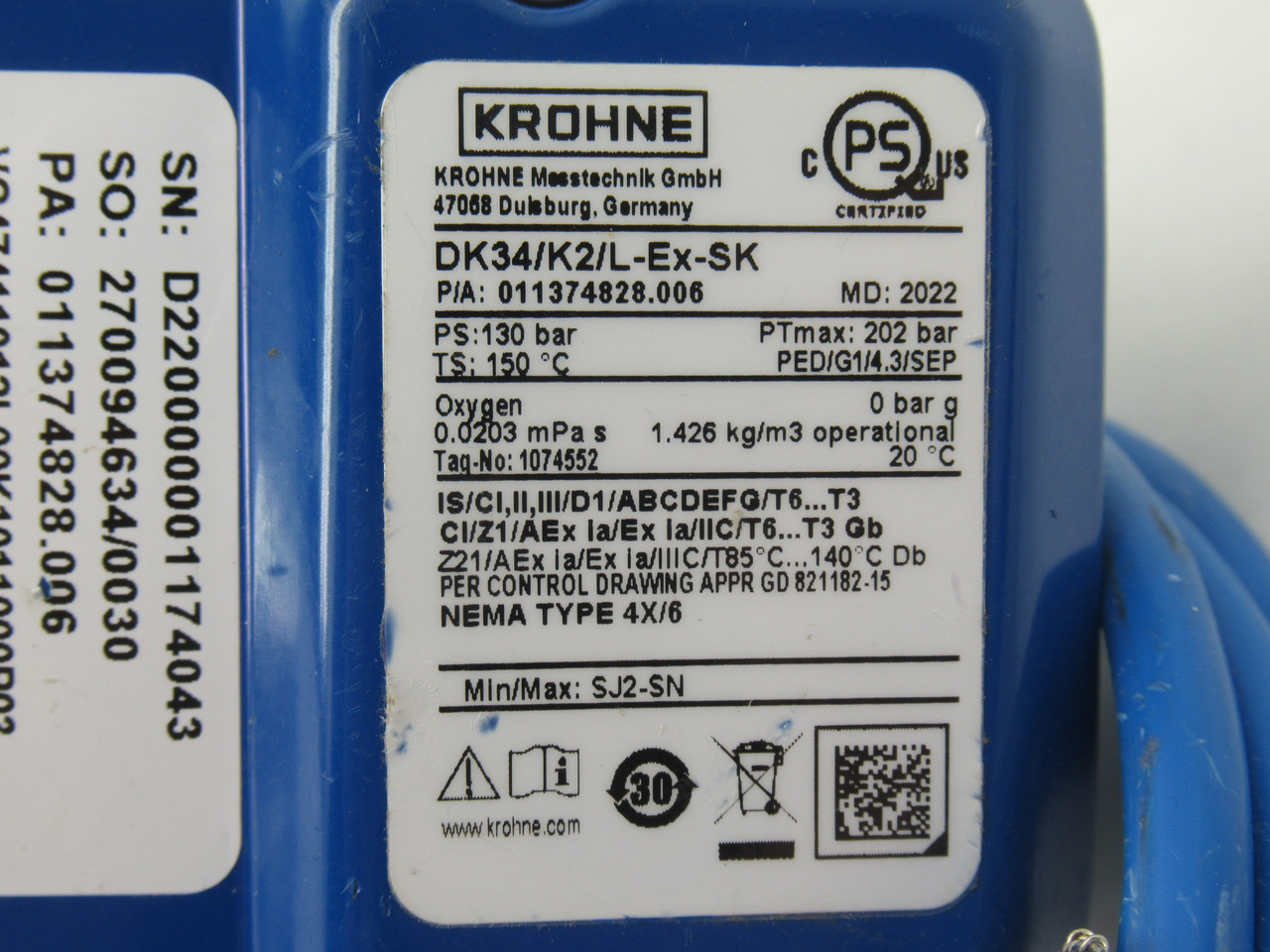 Krohne DK34/K2/L-Ex-SK Flowmeter 0.18-1.80 SCFH 130 bar MISSING HARDWARE USED
