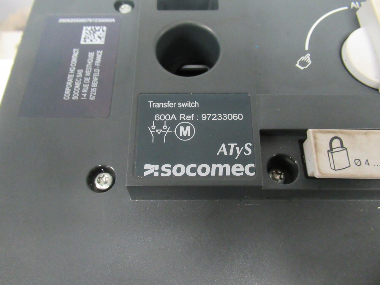 Socomec 97233060 ATyS Transfer Switch 600A 3-Pole UL 1008 USED