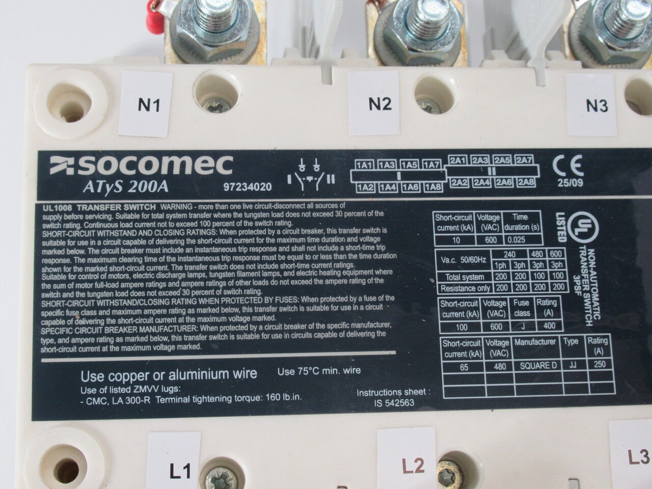 Socomec 97234020 ATyS Transfer Switch 200A 4-Pole UL 1008 USED