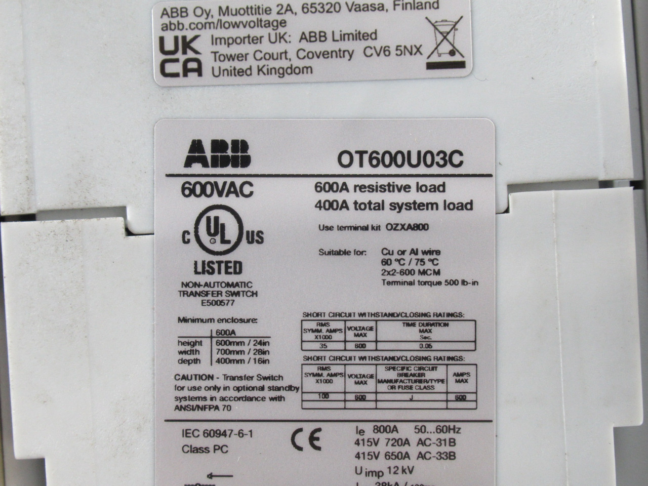 ABB OT600U03C Manual Change-Over Switch 600A 3-Pole USED