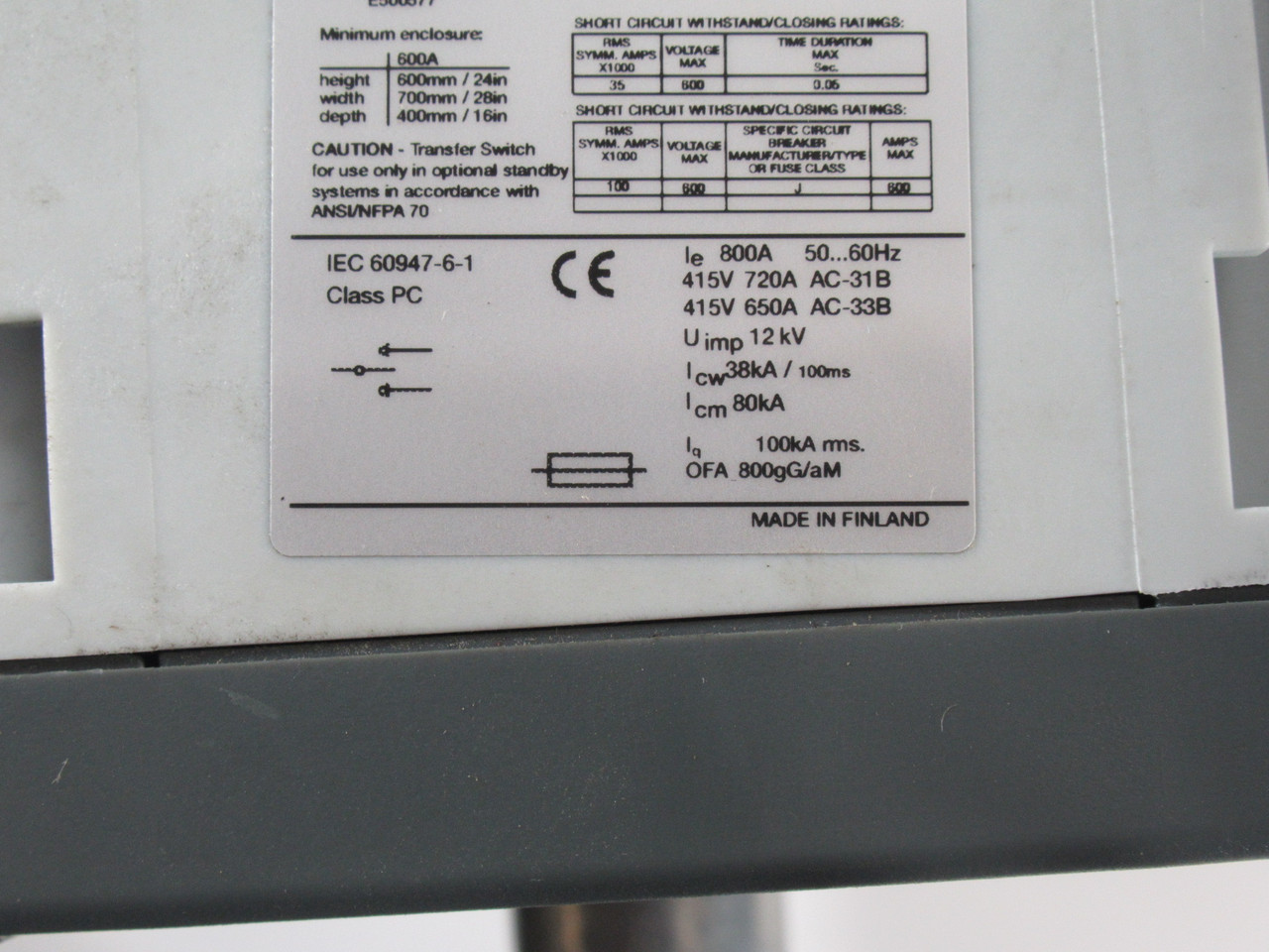 ABB OT600U03C Manual Change-Over Switch 600A 3-Pole USED