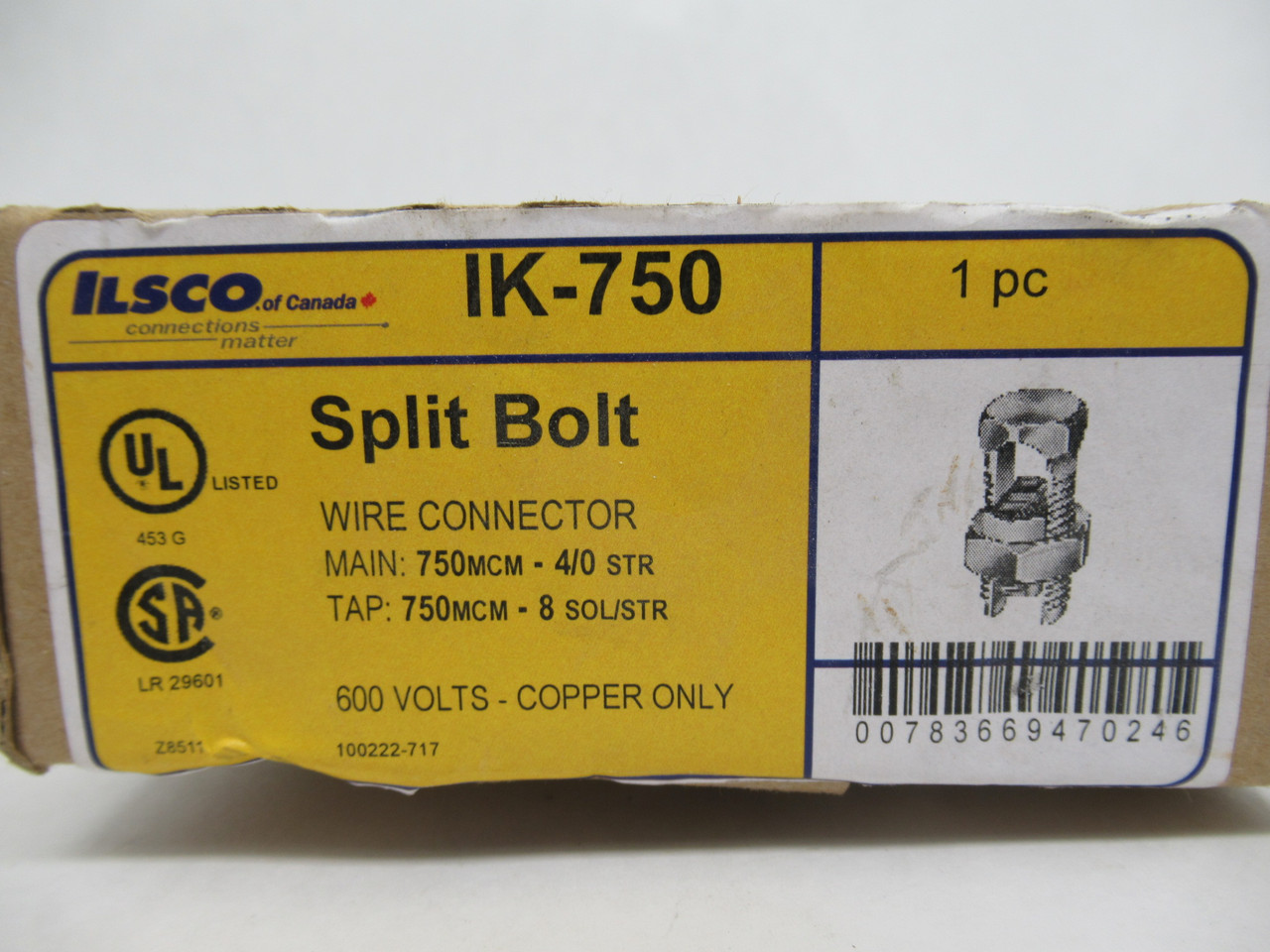 Ilsco IK-750 Copper Split Bolt Connector 750 kcmil 4/0 8 SOL/STR600V SEALED NEW