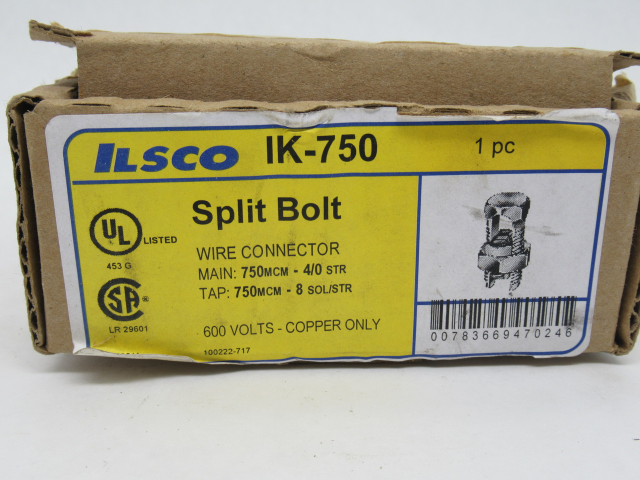 Ilsco IK-750 Copper Split Bolt Connector 750 kcmil 4/0 8 SOL/STR 600V NEW