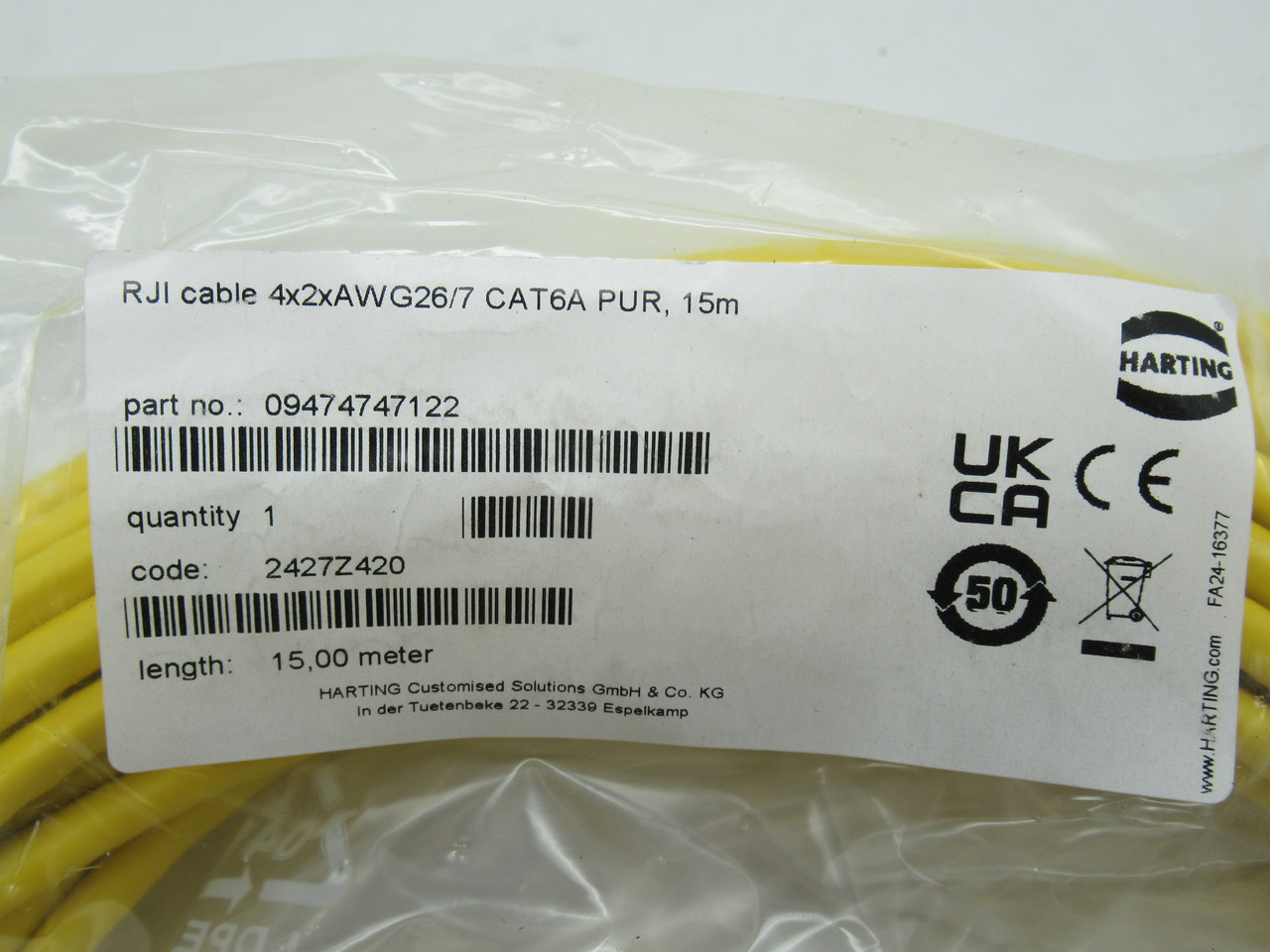 Harting 09474747122 RJI Cable 4x2xAWG26/7 CAT6A PUR 15m L NWB
