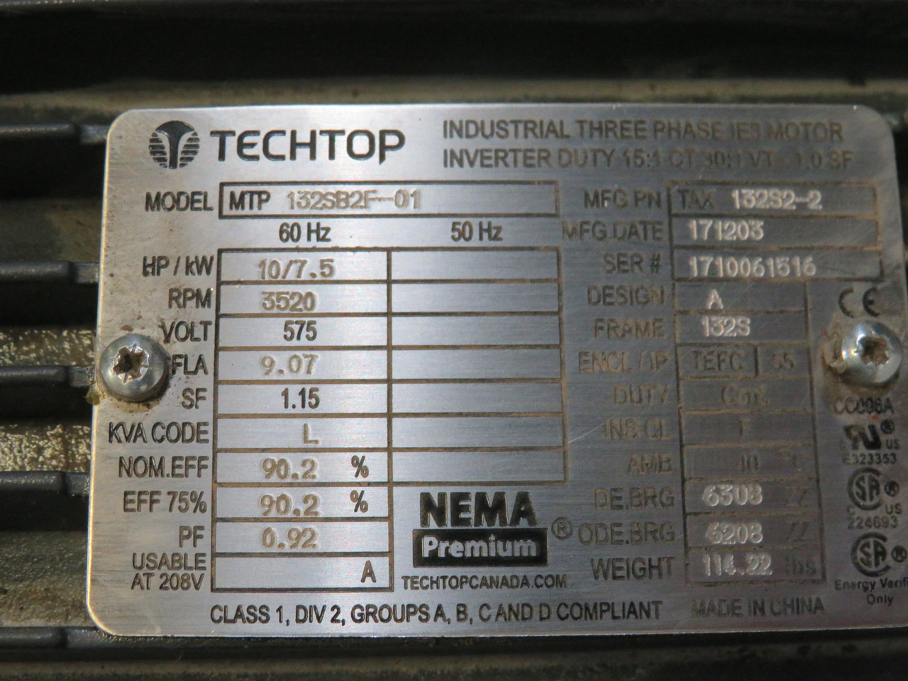 TechTop 10HP 7.5kW 3520rpm 575V 132S TEFC 3Ph 9.07FLA 60Hz CUT ENCLOSURE USED