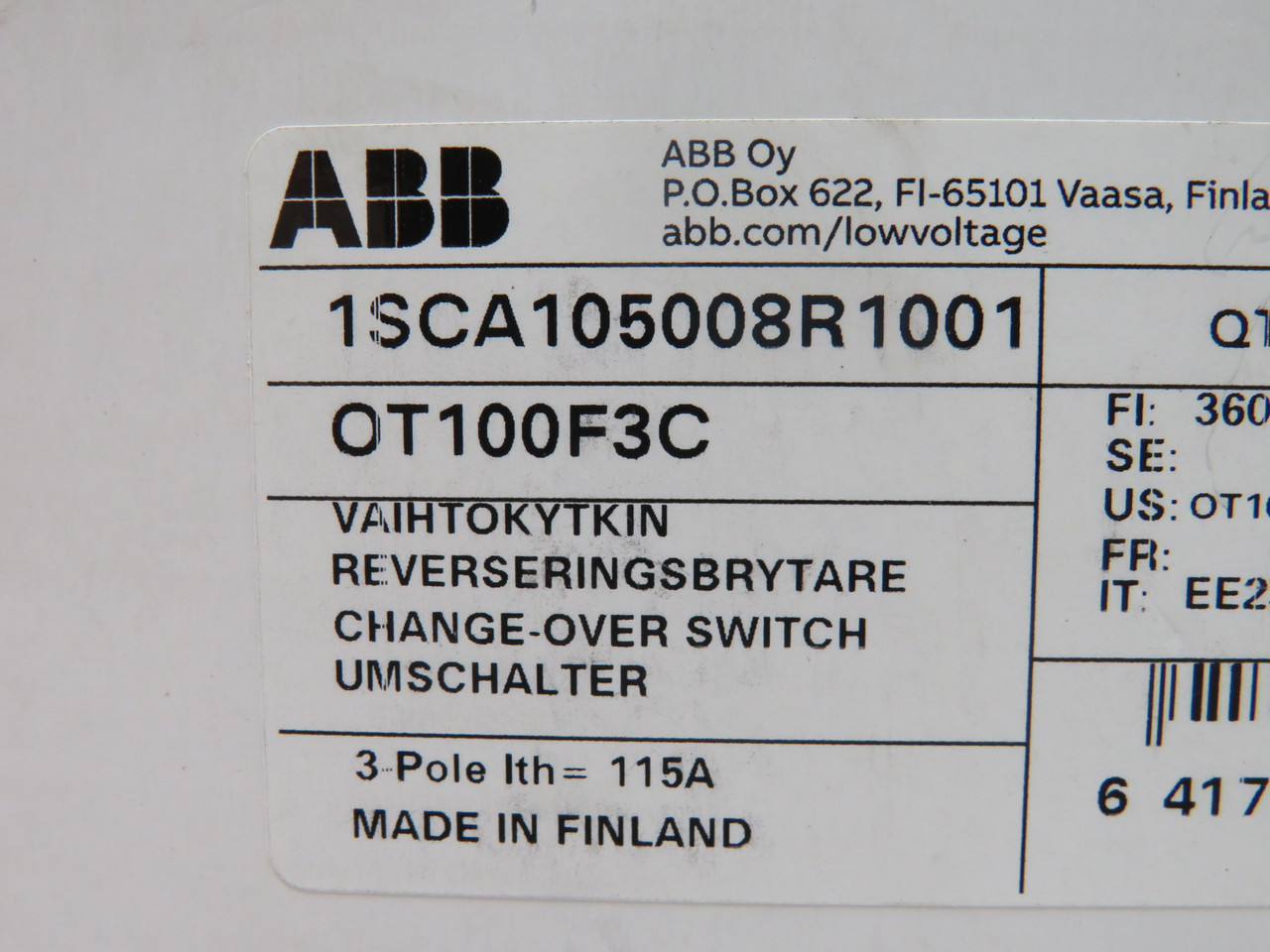 ABB OT100F3C 1SCA105008R1001 Change-Over Switch 100A 600AC 250DC 3P BOX DMG NEW