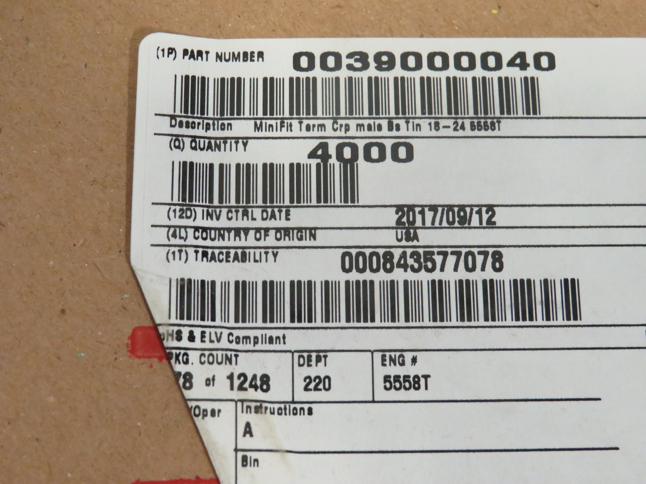 Molex 39000040 Mini-Fit Male Crimp Terminal 18-24AWG 4000-Pack NEW