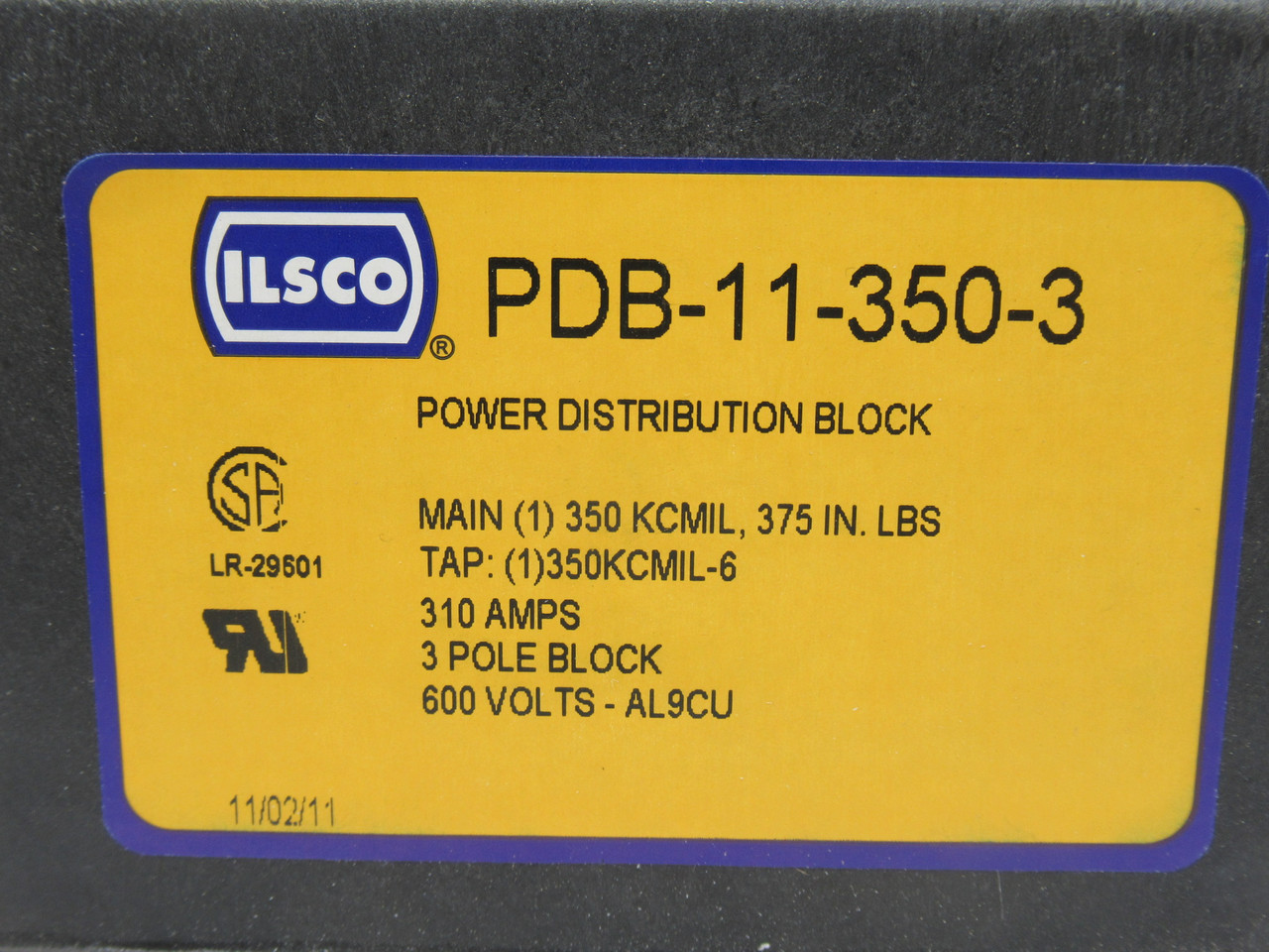 Ilsco PDB-11-350-3 Power Distribution Block 310A 600V 3-Pole NEW