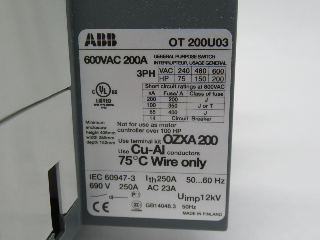 ABB OT200U03 Non-Fusible Disconnect Switch 200A 600V 3-Pole NEW