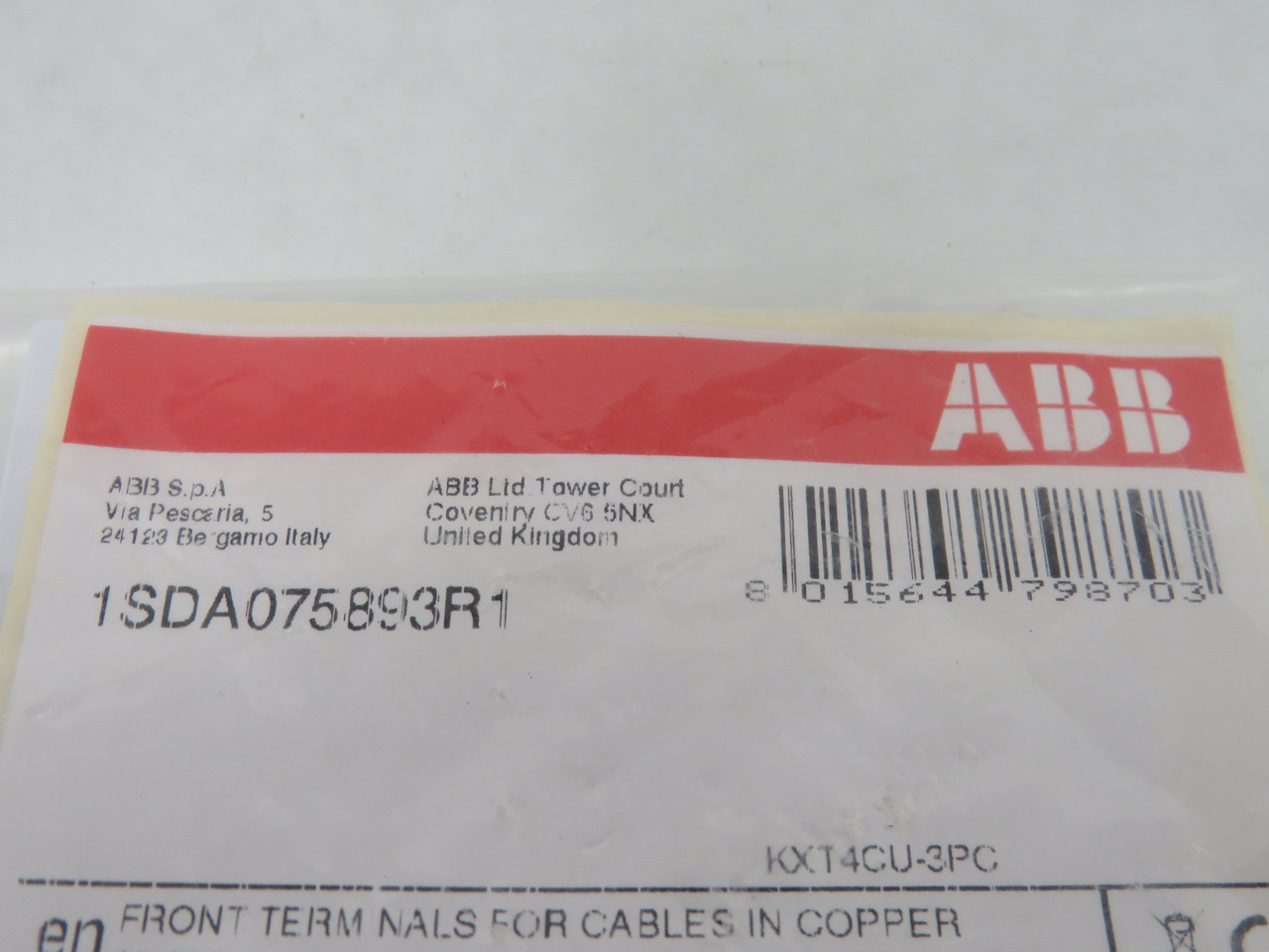 ABB KXT4CU-3PC 1SDA075893R1 Circuit Breaker Front Terminal Kit 3Pk HOLEY BAG NWB