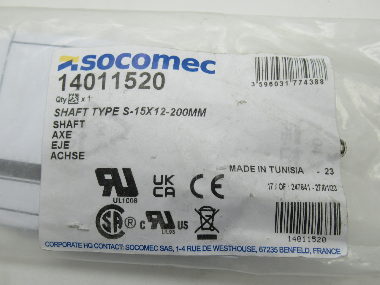 Socomec 14011520 Type S Disconnect Shaft 200mm L 15x12 OPEN/HOLEY BAG NWB