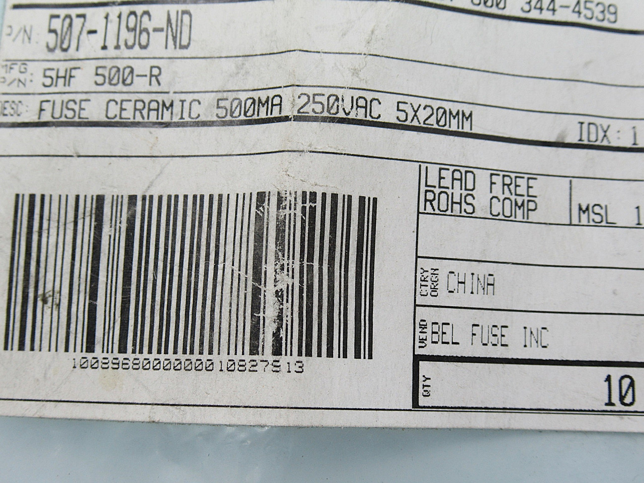Bel Fuse 5HF 500-R Quick-Acting Ceramic Fuse 500mA 250V 10-Pack SHELF WEAR NOP