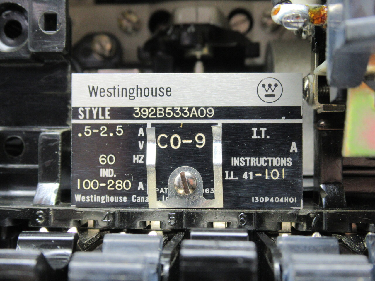 Westinghouse 392B533A09 C0-9 Overcurrent Relay 0.5-2.5A 60Hz 100-280A Ind. NOP