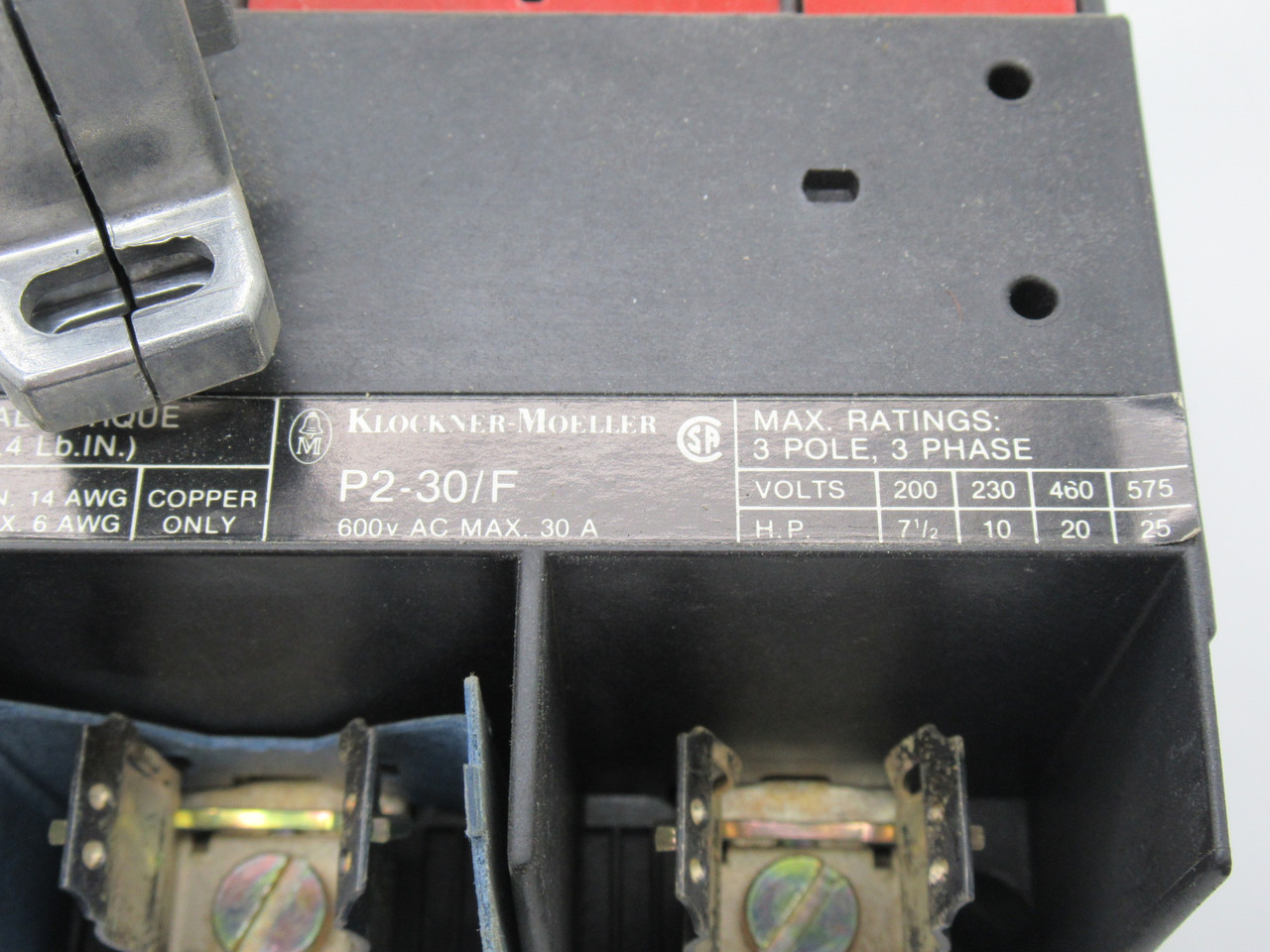 Klockner-Moeller P2-30/F Disconnect Switch with Handle 30A 600V 3-Pole USED