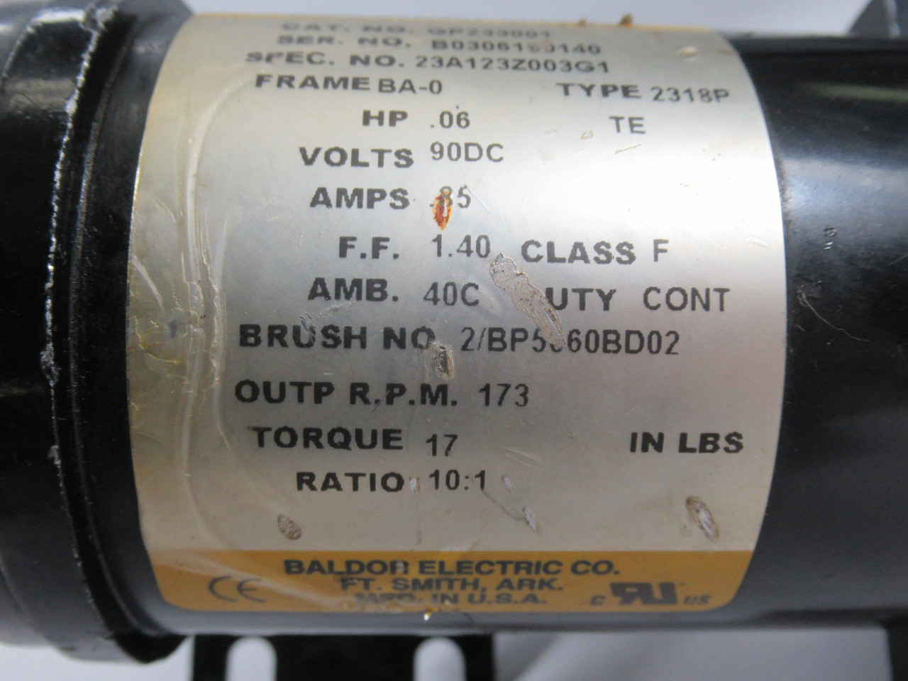 Baldor DC Gearmotor 10:1 17 lb-in .06HP 173RPM 90VDC BA-0 TENV .85A USED