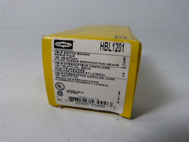 Hubbell HBL1201 Brown Toggle Switch 15A 120-277VAC 1P BOX DAMAGE NEW