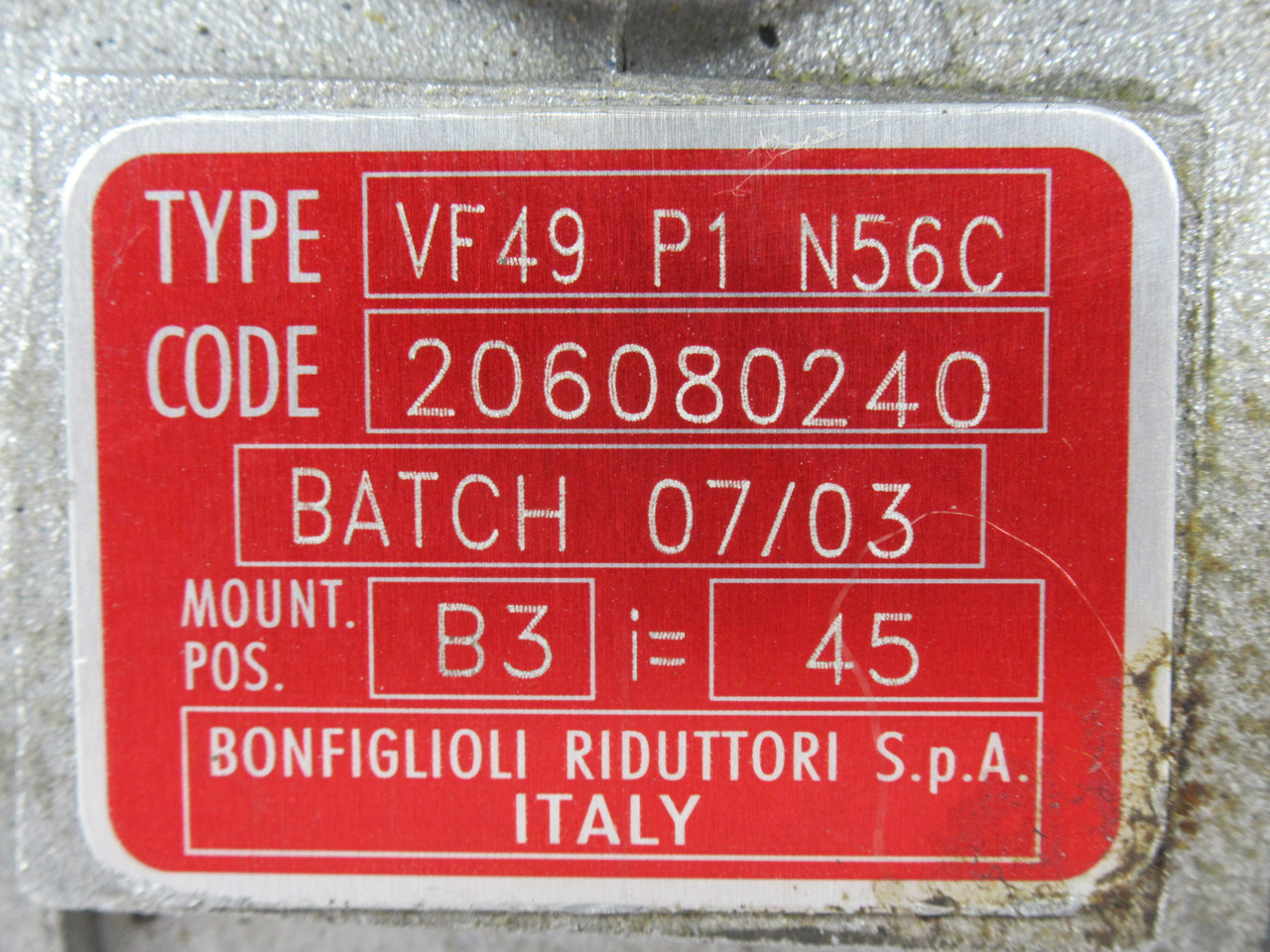 Bonfiglioli VF 49 P1 45 N56 C B3 Right Angle Gear Reducer 45:1 USED