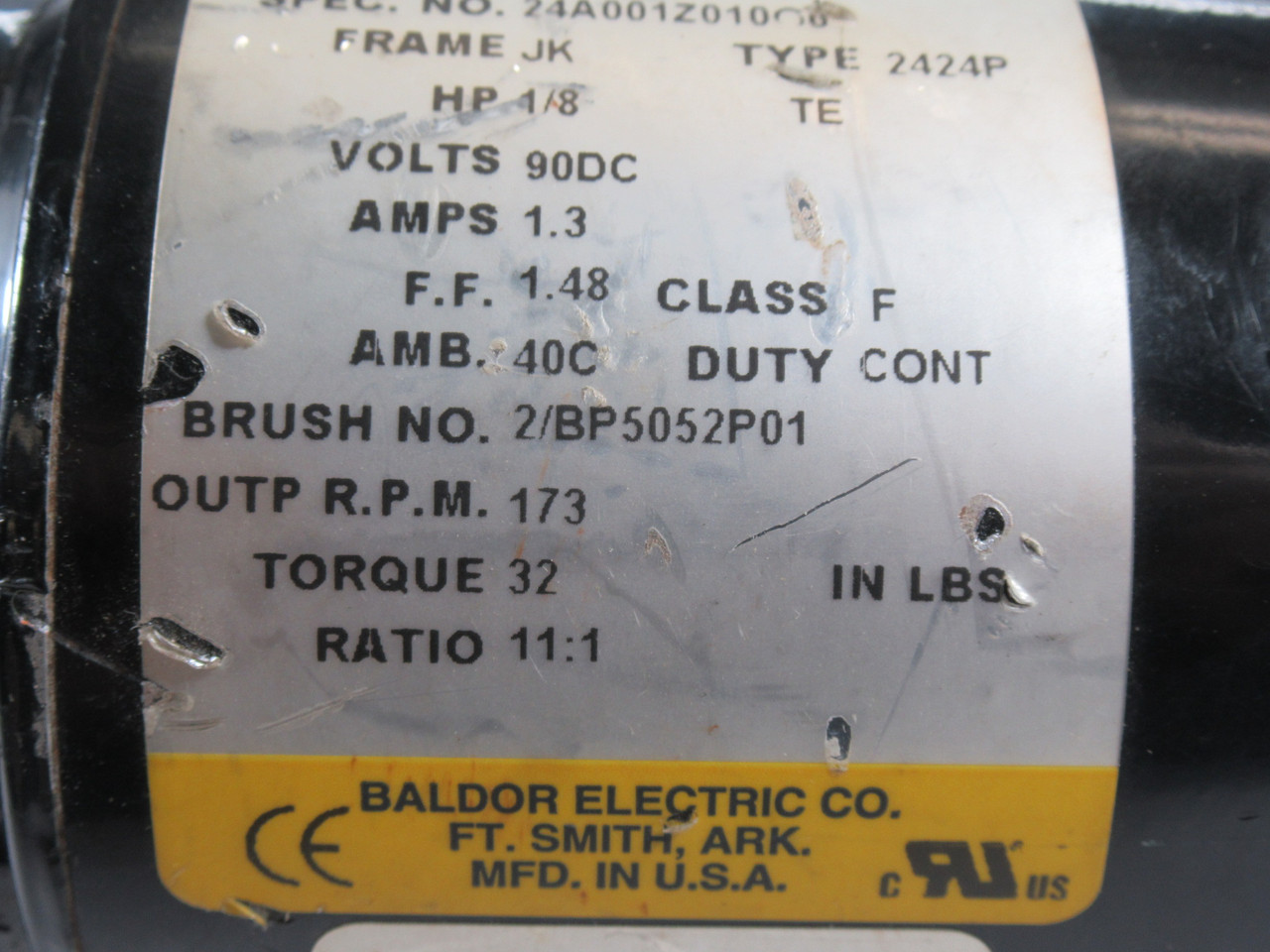 Baldor DC Gearmotor 11:1 32 lb-in 1/8HP 173RPM 90VDC JK TENV 1.3A W/O Key USED