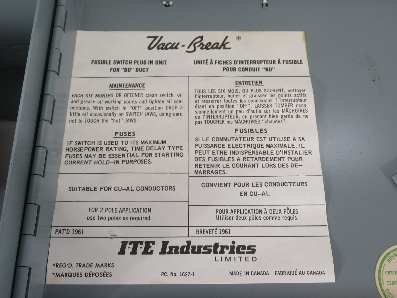 ITE BOS14351-C Fusible Busway Switch 30A 600V 3-Pole 20HP SHELF WEAR NOP