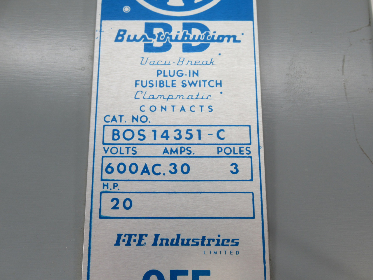 ITE BOS14351-C Fusible Busway Switch 30A 600V 3-Pole 20HP SHELF WEAR NOP