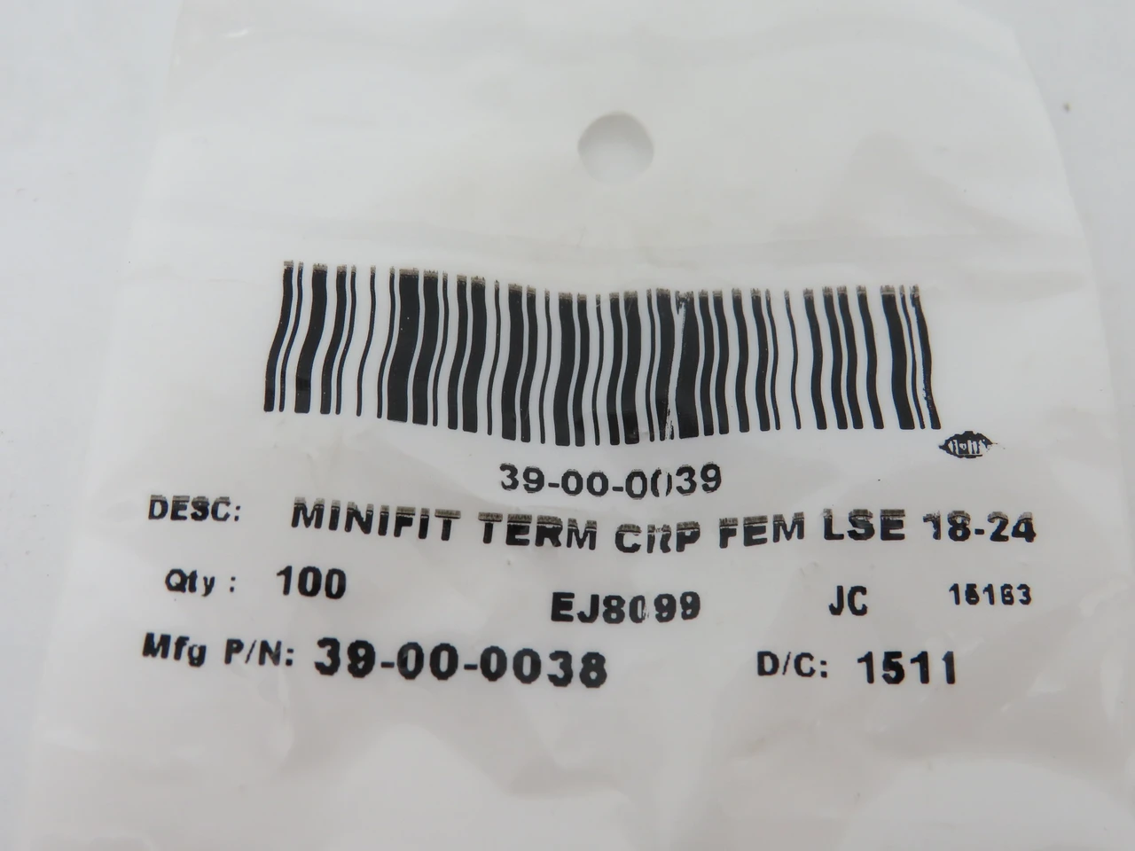 Molex 39000038 Mini-Fit Female Crimp Terminal 22+22 24-18AWG 100-Pk NWB