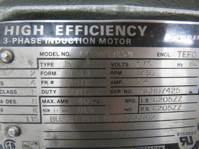 Busch RC0040E5061003 28cfm c/w Toshiba B0024FLB208 2HP 1730RPM 575V USED