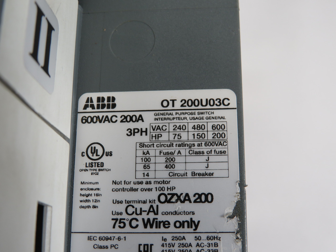 ABB OT200U03C Change Over Switch w/Lugs 200A 600VAC 3P 3Ph USED