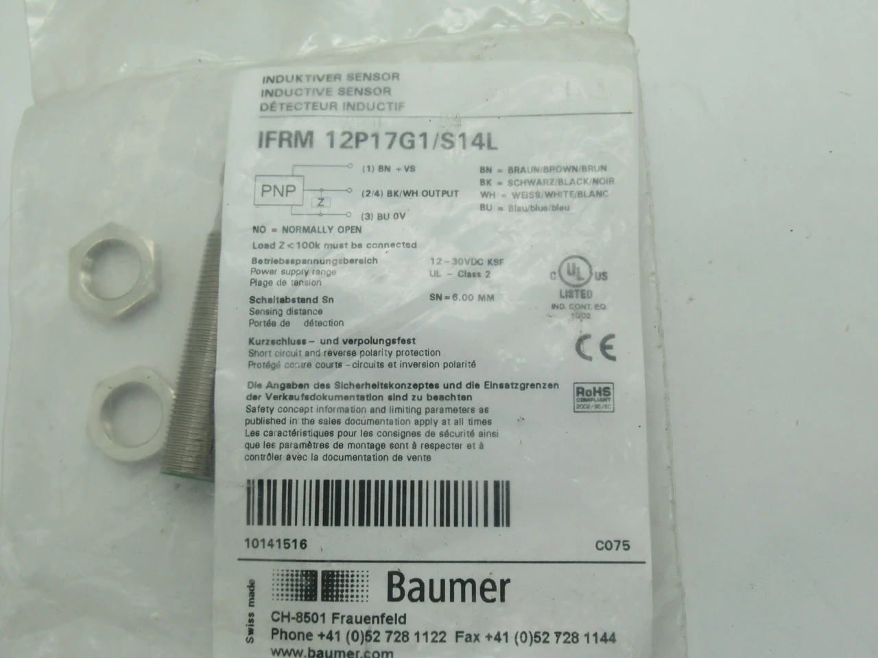 Baumer IFRM-12P17G1/S14L Proximity Switch 12-30VDC 200mA 6mm PNP NO OPEN BAG NWB