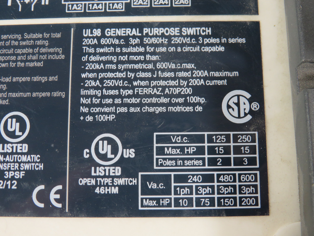 Socomec 41503021 Manually Operated Transfer Switch Body UL1008 3P 200A USED