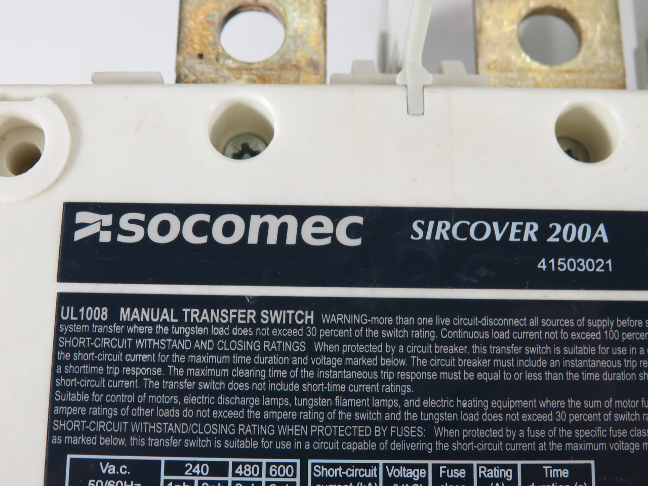 Socomec 41503021 Manually Operated Transfer Switch Body UL1008 3P 200A USED