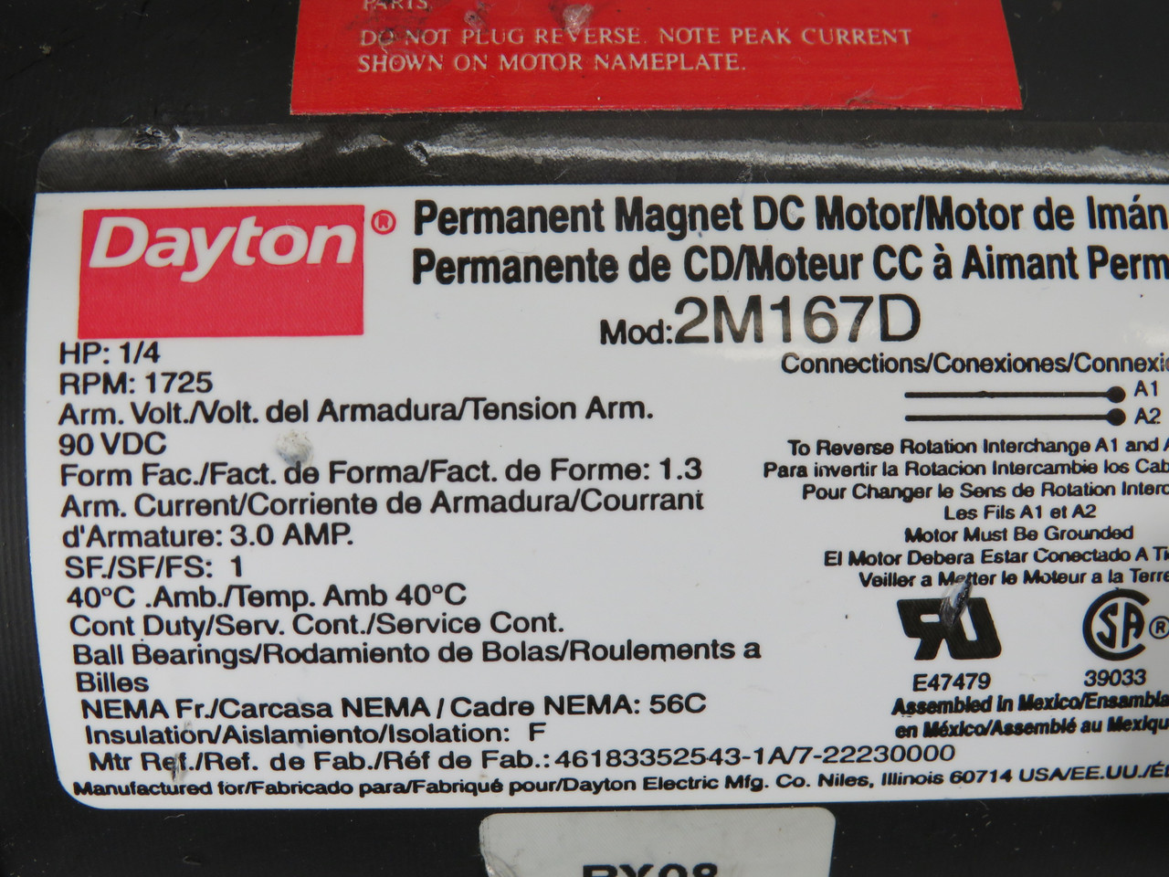Dayton 2M167D Permanent Magnet Motor 1/4HP 1725rpm 90VDC TEFC 3Amp 1SF USED