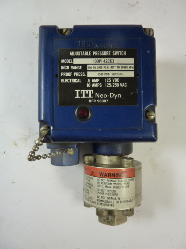 ITT Neo-Dyn 1001P1-12CC3 Pressure Switch 3000pisg 5A 125VDC 10A 125/250VAC USED