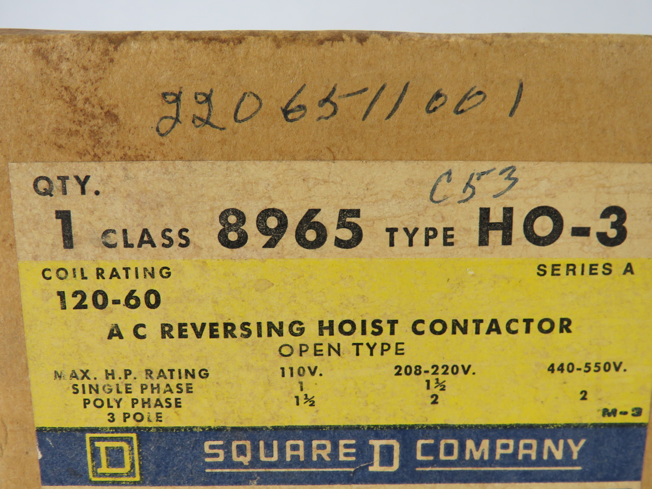 Square D 8965-HO-3 Ser A AC Reversing Hoist Contactor 120V 60Hz SHELF WEAR NEW
