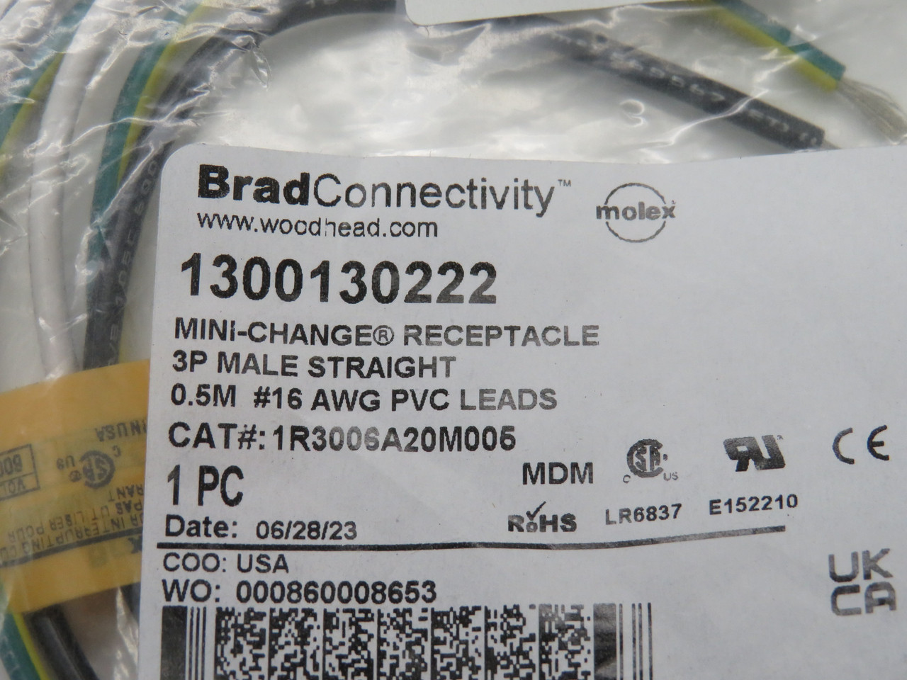 Brad Connectivity 1300130222 Mini Change Male Receptacle 16 AWG 3P 0.5m NWB