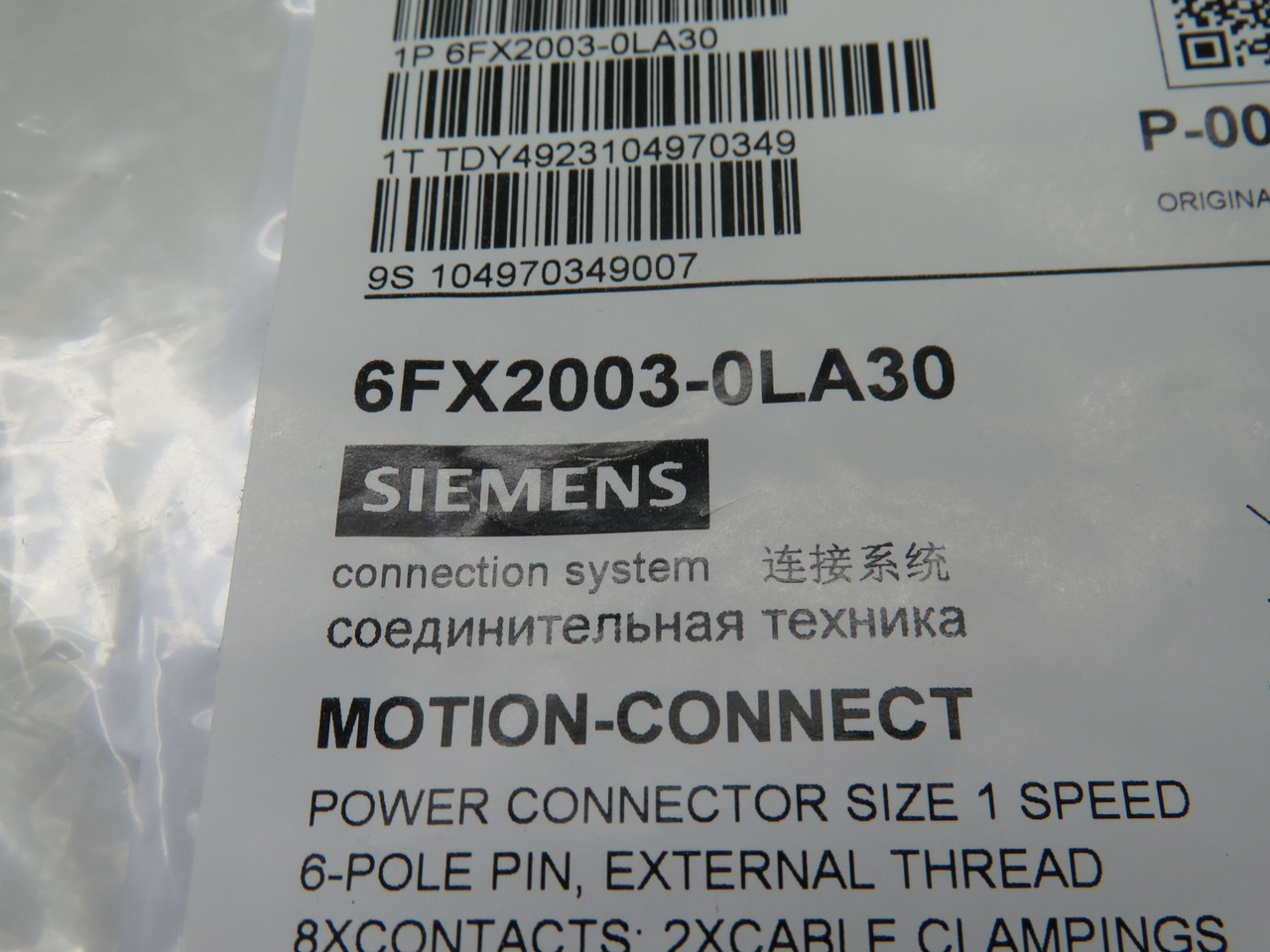 Siemens 6FX2003-0LA30 Motion-Connect Power Connector Size 1 6-Pole NWB