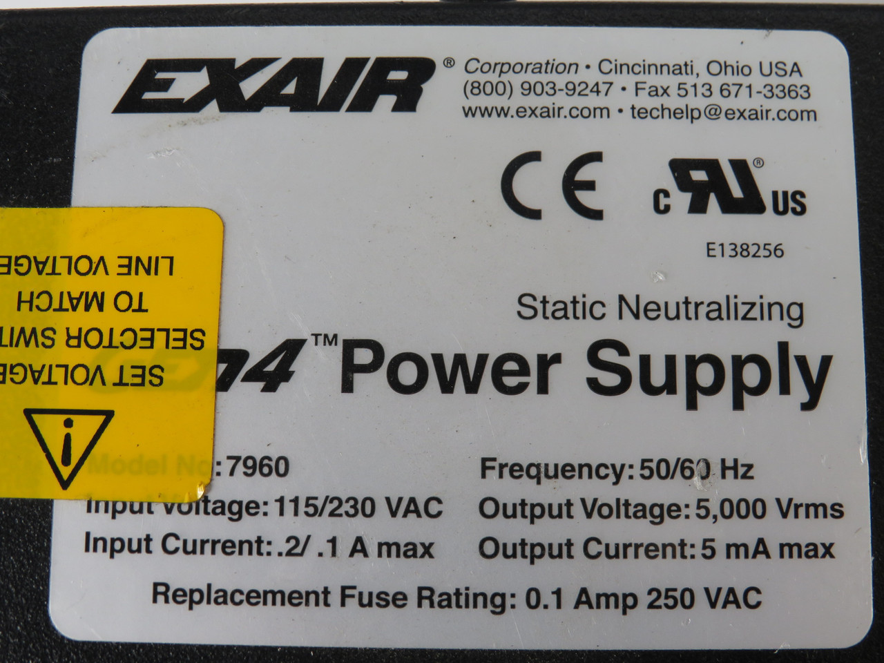 Exair 7960 Static Neutralizing Power Supply 2 Outlet 5000Vrms 5mA 50/60Hz USED