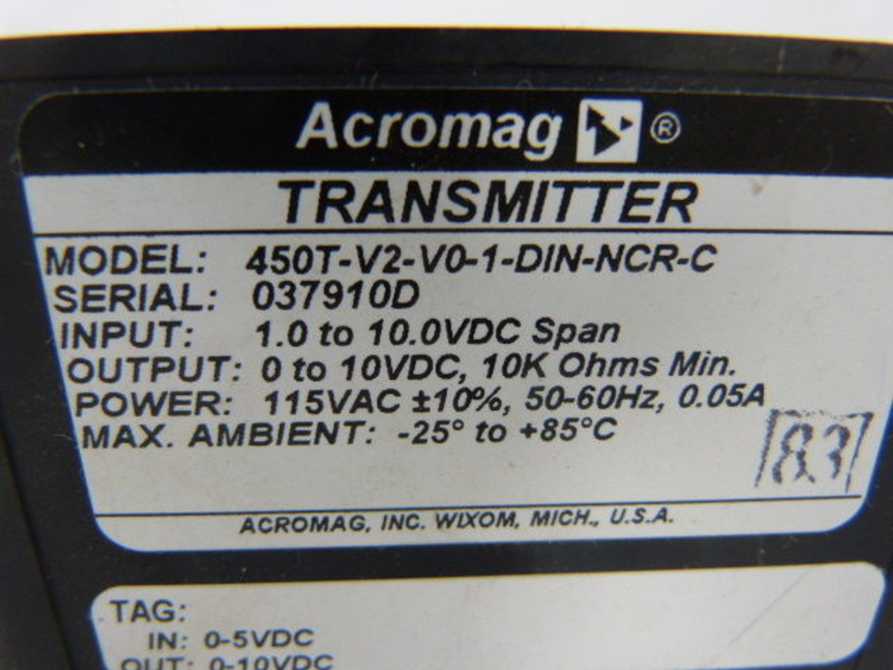 Acromag 450T-V2-V0-1-DIN-NCR-C Transmitter 0-10 VDC 115VAC 50/60Hz USED