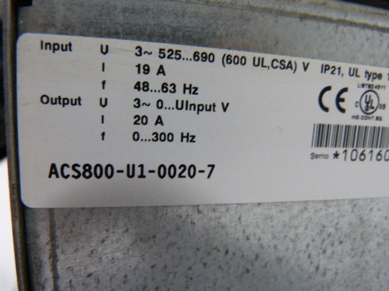 ABB ACS800-U1-0020-7 AC Frequency Converter 15Hp 3Ph 575VAC USED