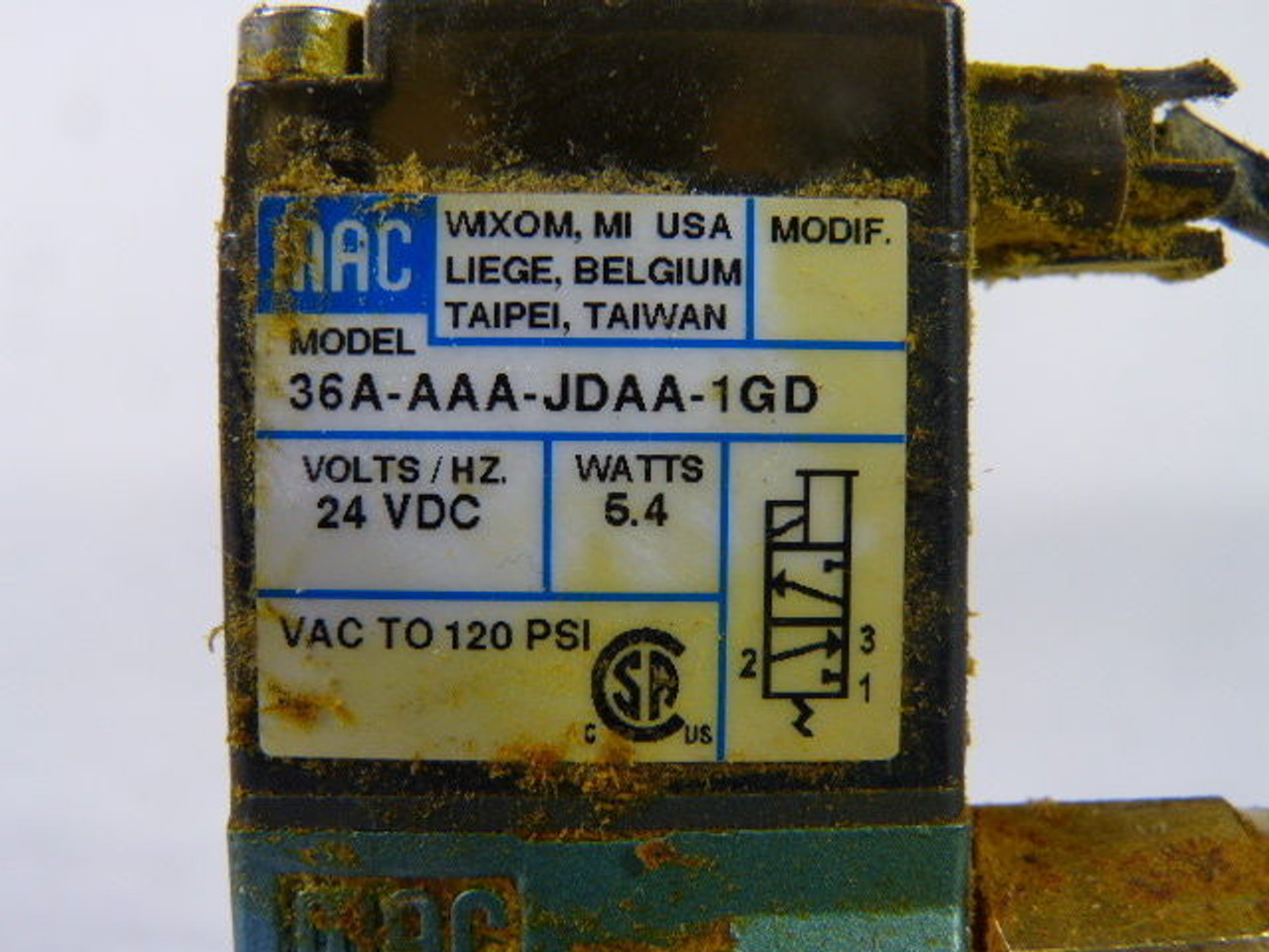 Mac Valves Inc 36A-AAA-JDAA-1GD Directional Solenoid Valve 5.4W 24VDC USED