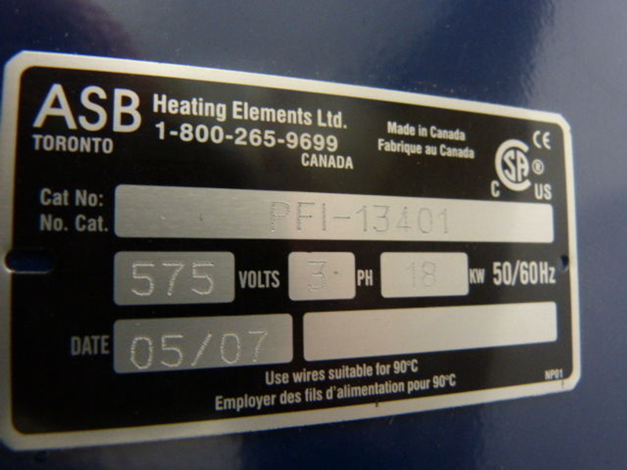 ASB PFI-13401 Heating Element 3Ph 18kW 575V 50/60Hz ! NEW !