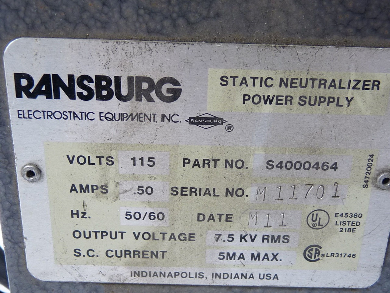 Ransburg 4000464 Static Neutralizer Power Supply 7.5Kv 115V .50A 50/60Hz USED