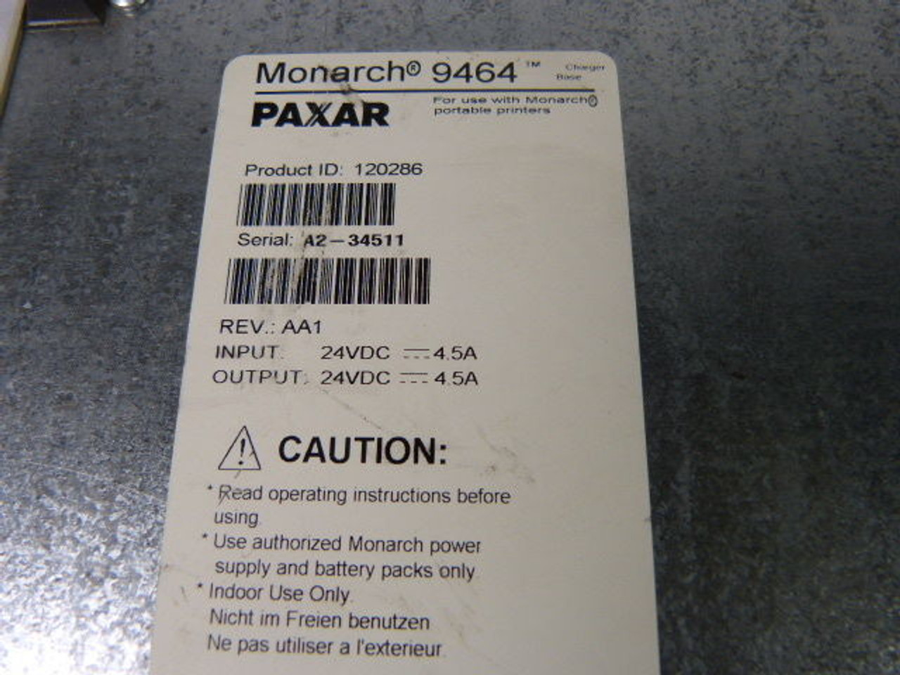 Paxar Monarch 9464 120286 Universal Battery Charger 24VDC 4.5Amp 4 Slot USED