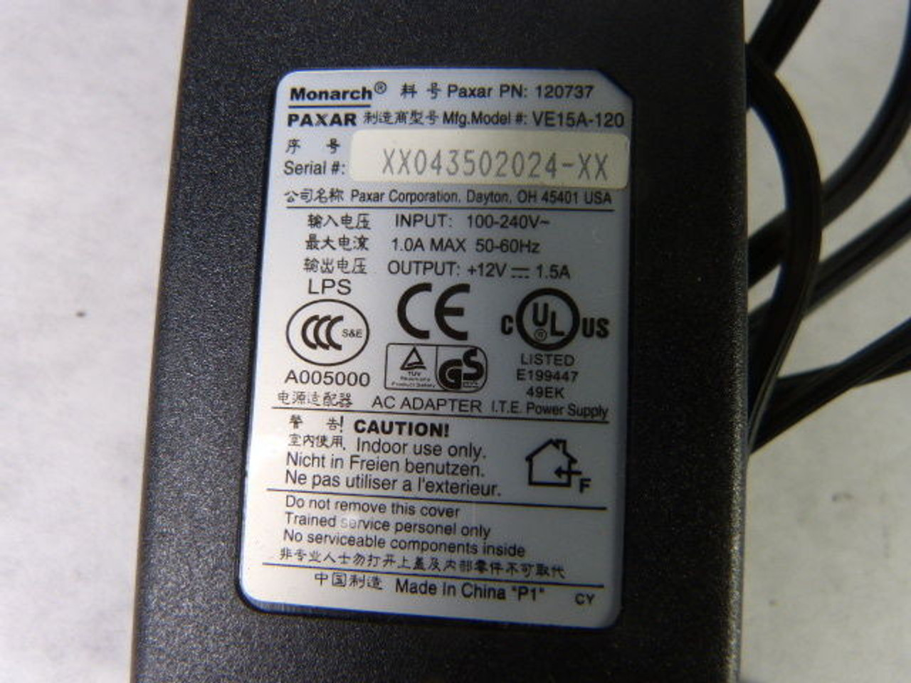 Paxar Monarch 120737 Power Adapter 120-240V 1.5Amp USED