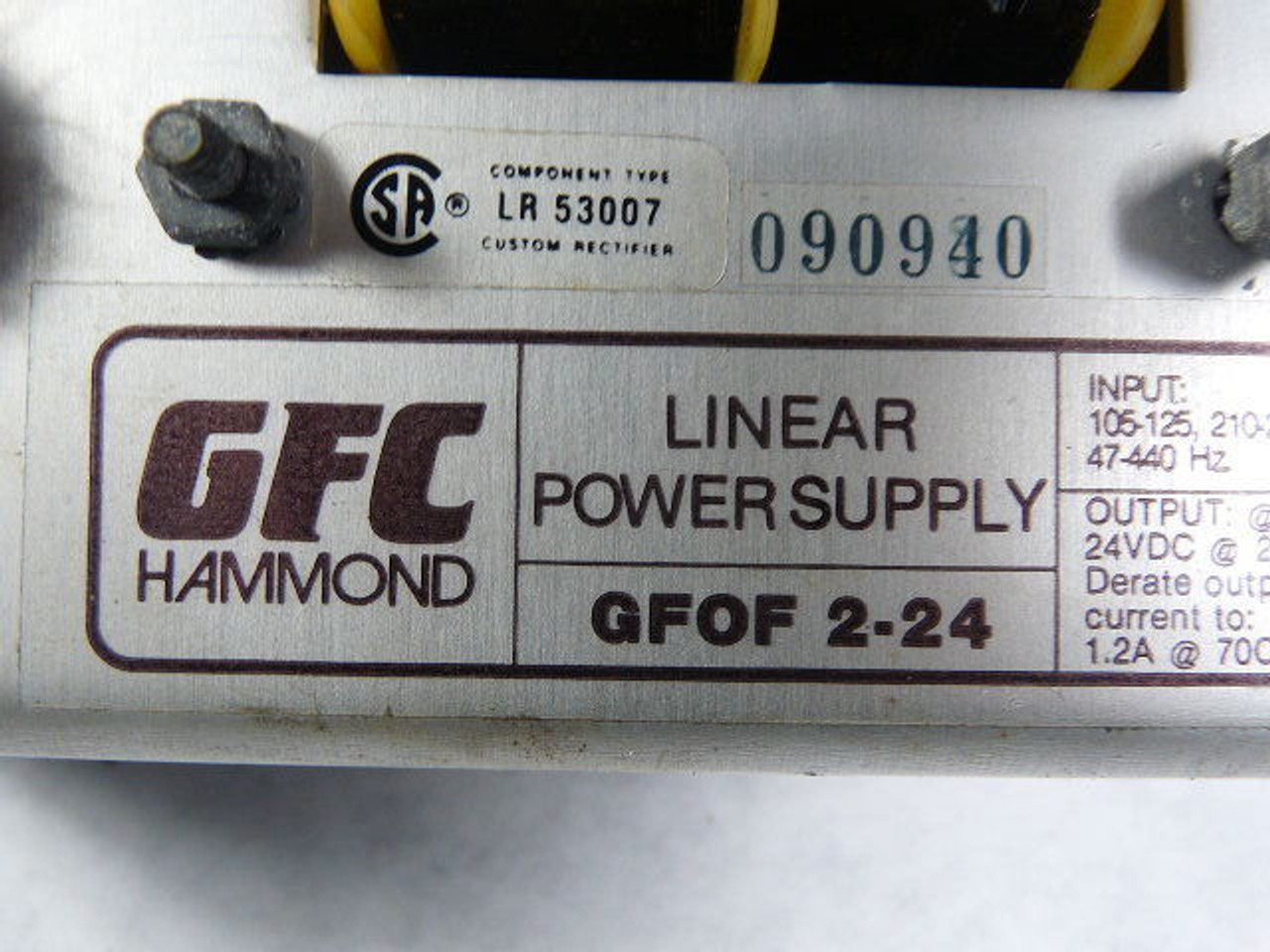 Hammond GFOF2-24 Linear Power Supply 105-125/210-250VAC 24VDC USED