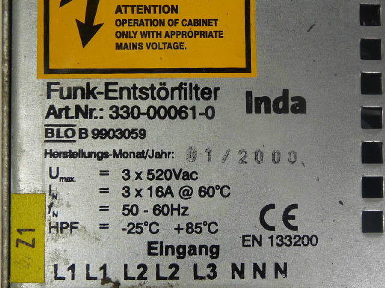 Inda 330-00061-0 Power Supply 3 x 520VAC 50/60Hz B9903059 USED