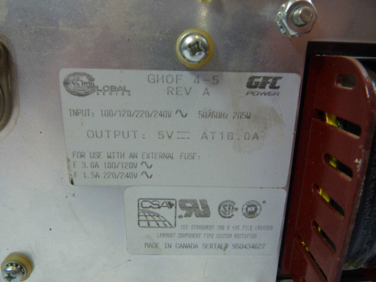 GFC GHOF-4-5 Power Supply 18 Amp 5VDC USED