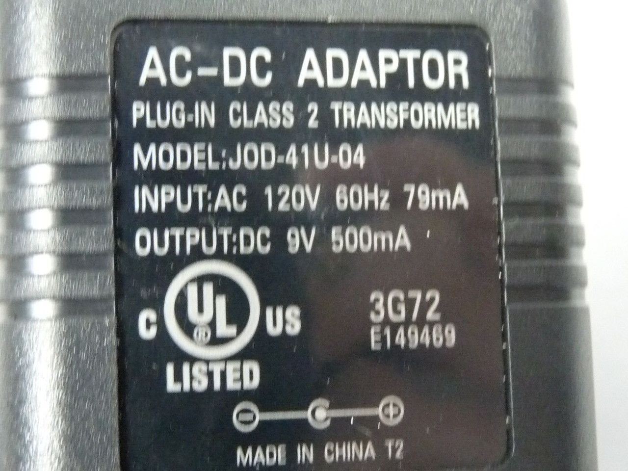 Generic JOD-41U-04 AC/DC Adaptor Input: 120VAC 60Hz 79mA Out: 9VDC 500mA USED